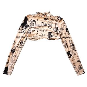 Shein Size Large Turtleneck Long Sleeve Tattoo Print Crop Top Creme Black